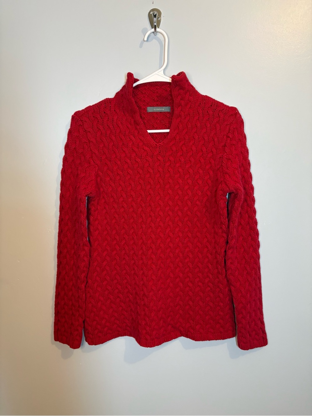 Liz Claiborne Women's Small Cable Knit Red Sweater Mock Neck V-Neck Winter Fall